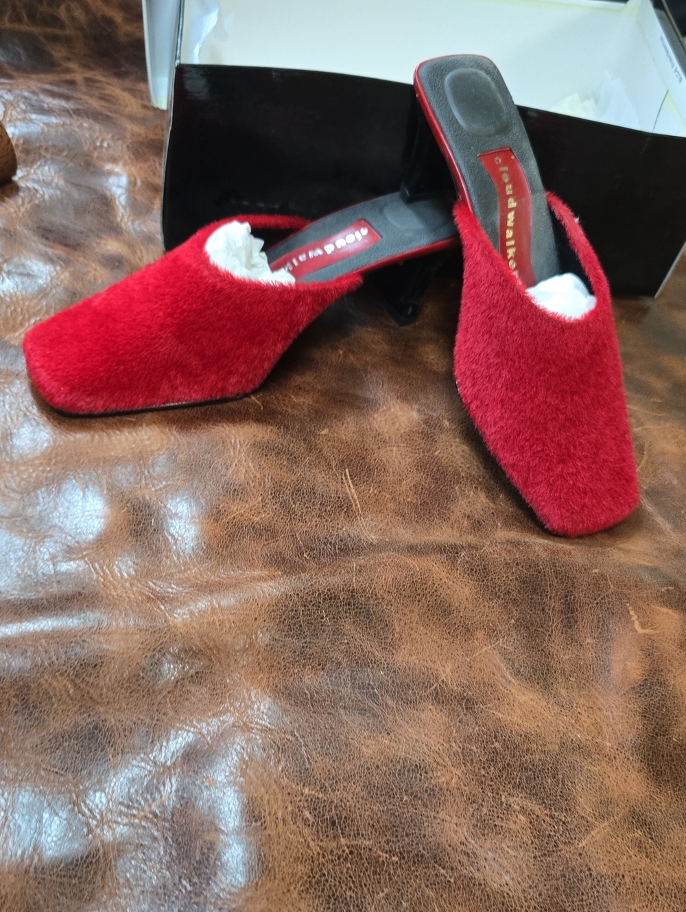 Womens Size 7 Red Faux-Fur Heeled Mules